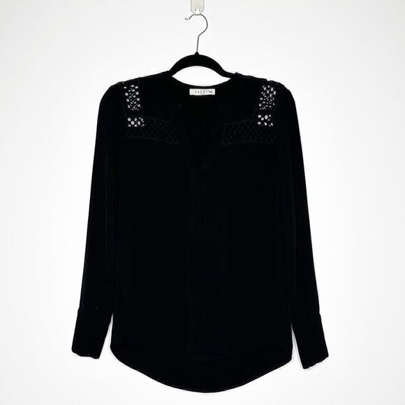 Sandro V-Neck Long Sleeve Blouse Lace Shoulder Women's Black Size 1 US Small - Picture 1 of 6